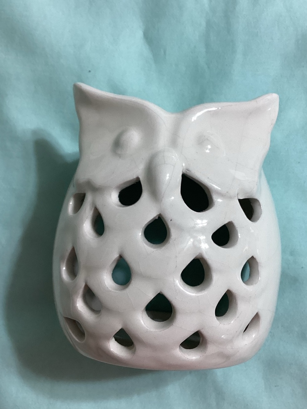 White Glazed Ceramic Owl Tea Light Candle Holder Pierced Cutouts